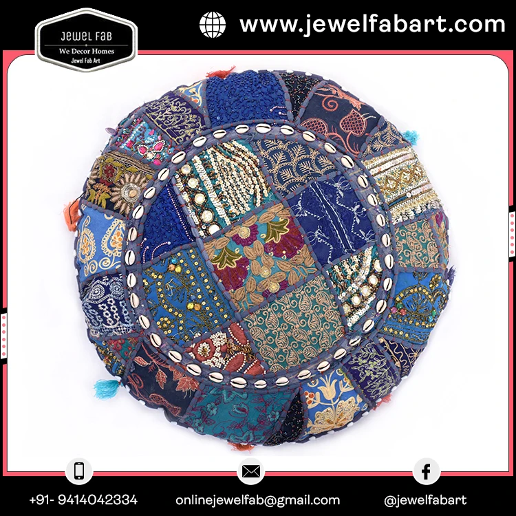 Hand Embroidered Indian Cushion Cover Patchwork With Tassel Round Cotton Pillow Covers Ethnic Vintage Living Room Sofa Pillow