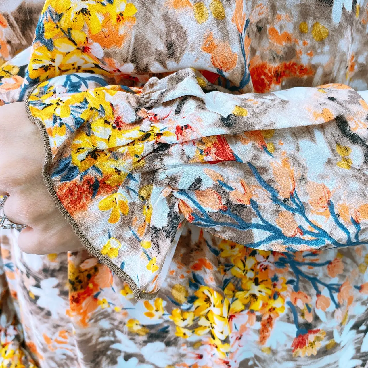 Women autumn and winter ruffle collar  long sleeve dress chiffon flower print woven waistseam slim fit casual long dress lady