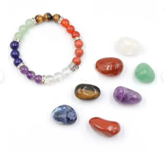 Chakra Bracelet Jewelry Set , 7 Chakras Tumbled Stone , healing Crystals Symbol Yoga Meditation Gifts