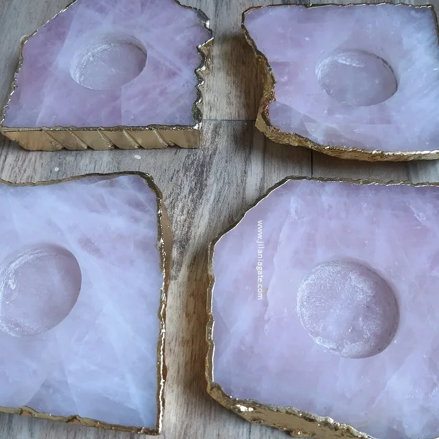 Hot Sale Luxury Modern Rose Quartz Agate Stone Pink Rose Candle Holder Gold Platting Semi-Precious Stone For Wedding Home Decor