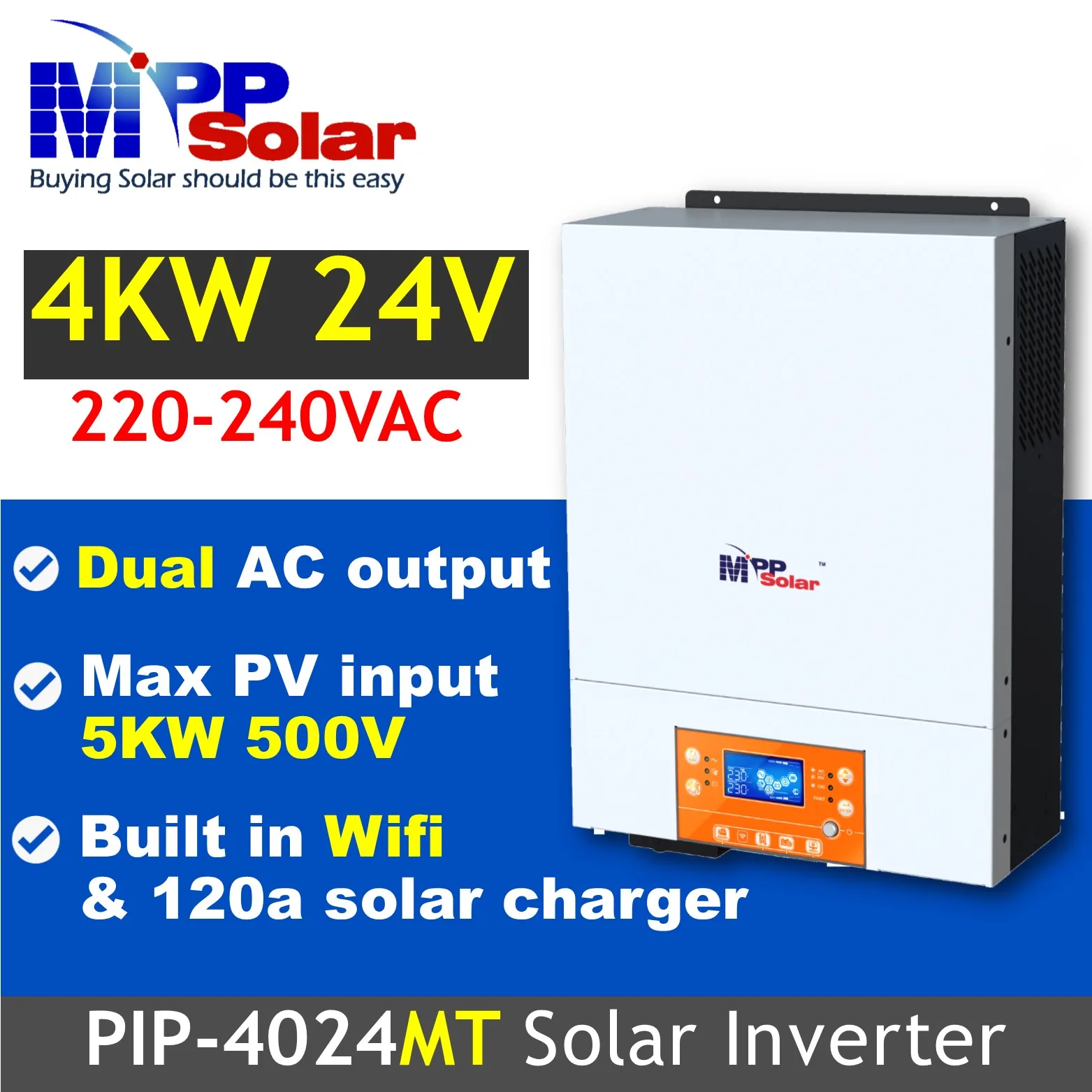 PIP4024MT 4000w 24v 230v mpp solar inverter High PV input 500v MPPT solar charge controller 120A WiFi Dual AC output