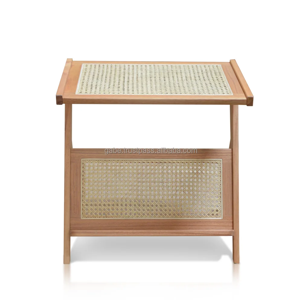 Side Table for laptop stand Mini Solid wood Natural with rattan combination