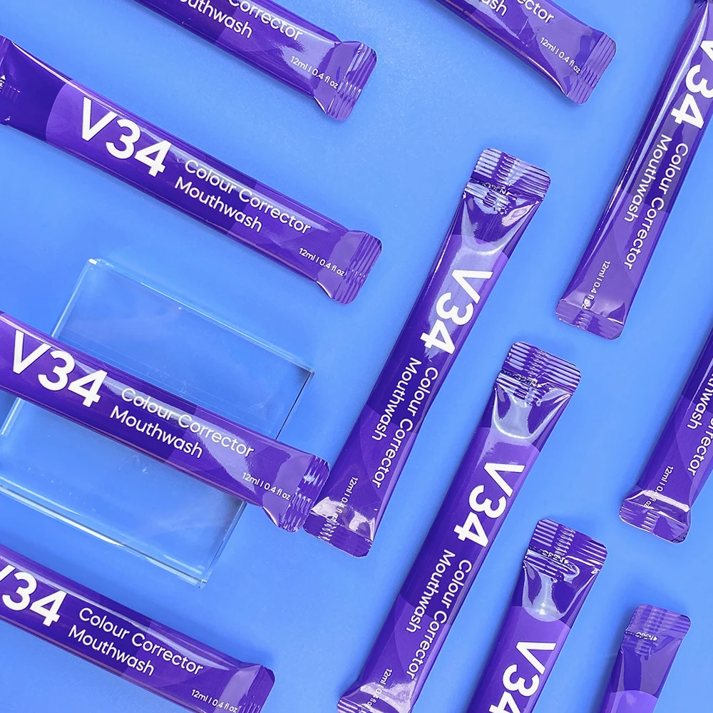 Hot Selling Premium V34 Colour Corrector Mouthwash Purple Liquid Mouthwash Pulling Packet For Fresh Breath