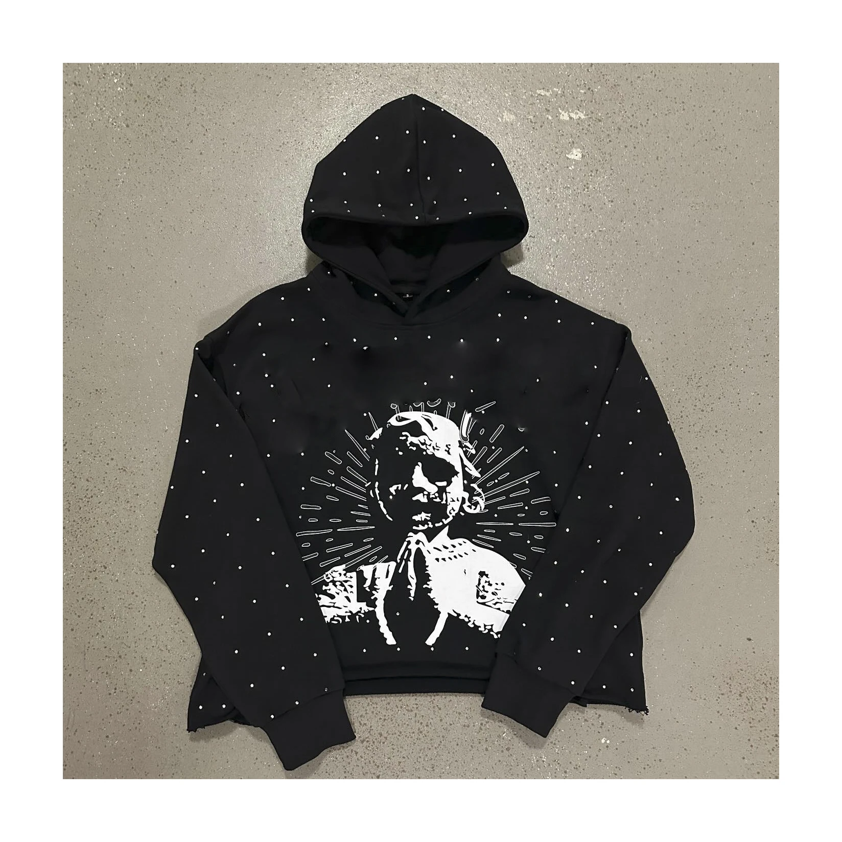 High Quality Design Street Acid Wash Vintage Screen Print Hoodie Oversized Rhinestone Hoodie Heavyweight 100% Cotton Hoodie