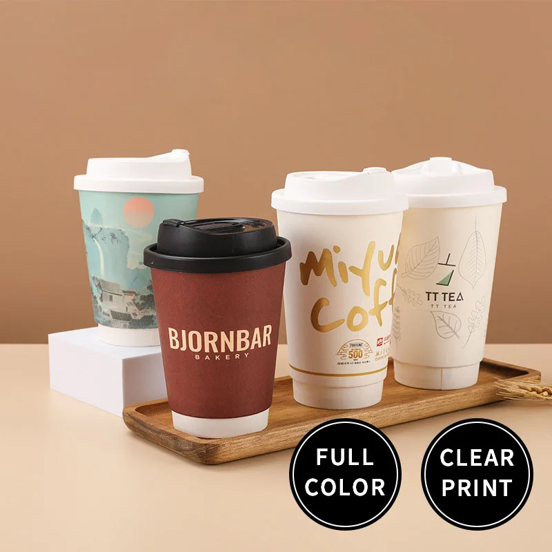 White Disposable coffee paper cup 8oz double wall biodegradable anti-scalding kraft paper hot drink paper cup with lid
