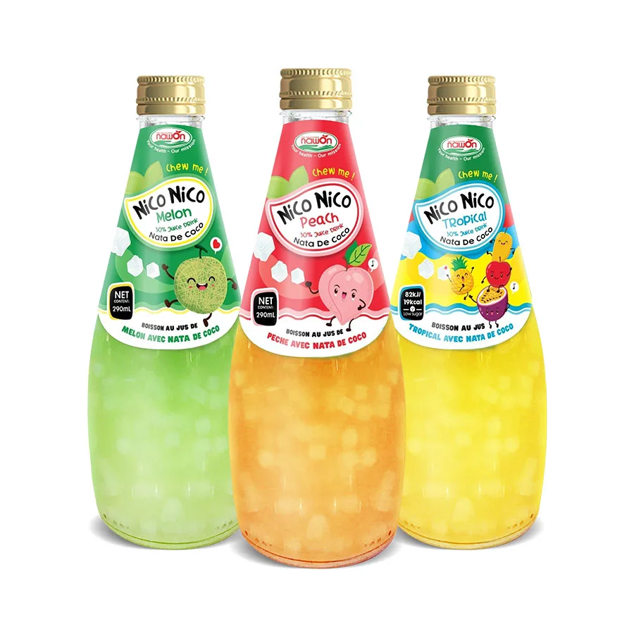 290ML Glass Bottle Peach Juice Drink with Nata De Coco Mix Fruit Juice Nico Nico Premium Quality Vietnam Beverage Manufacturer