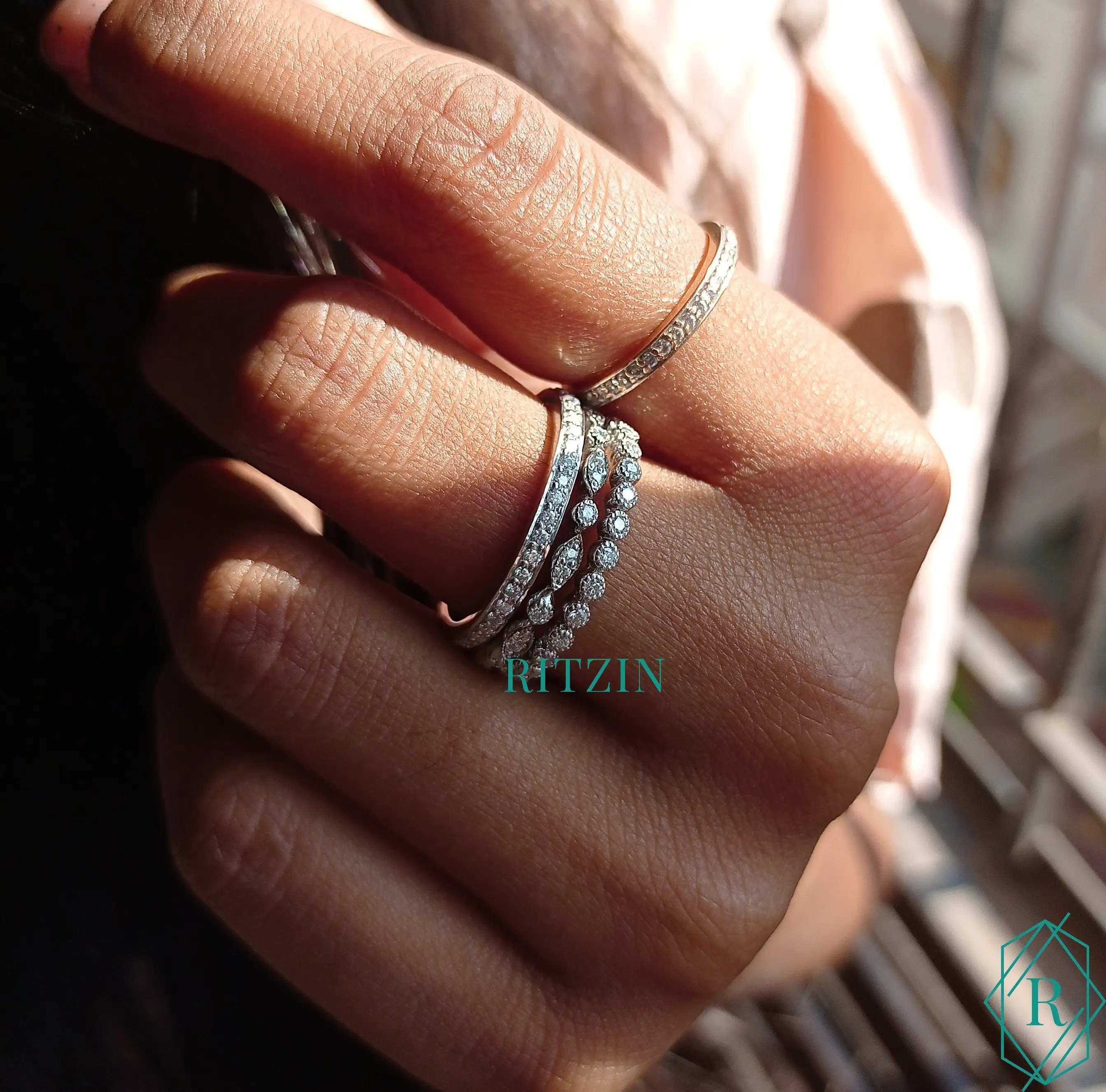 Round Cut Moissanite Diamond Three Set Layer Ring, Art Deco Engagement Ring