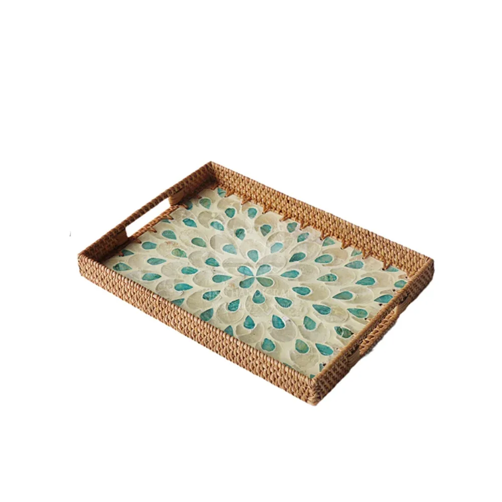 For Home Decor Table High Quality Logo Custom MOTHER OF PEARL RATTAN TRAYS (set of 2) Made In Vietnam