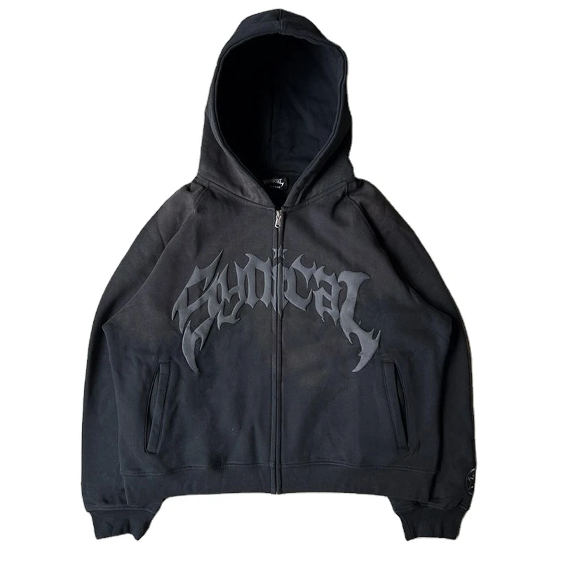 2024 Demanding Custom Streetwear Oversized Acid Stone Washed Distressed Puff Print Hoodie Sun Faded Acid Wash Zip Up Hoodies