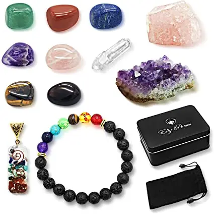 Seven Chakra Healing kit with Amethyst Cluster & Selenite Stick | Chakra Stones for Healing | Buy From Amayra Crystals Exports
