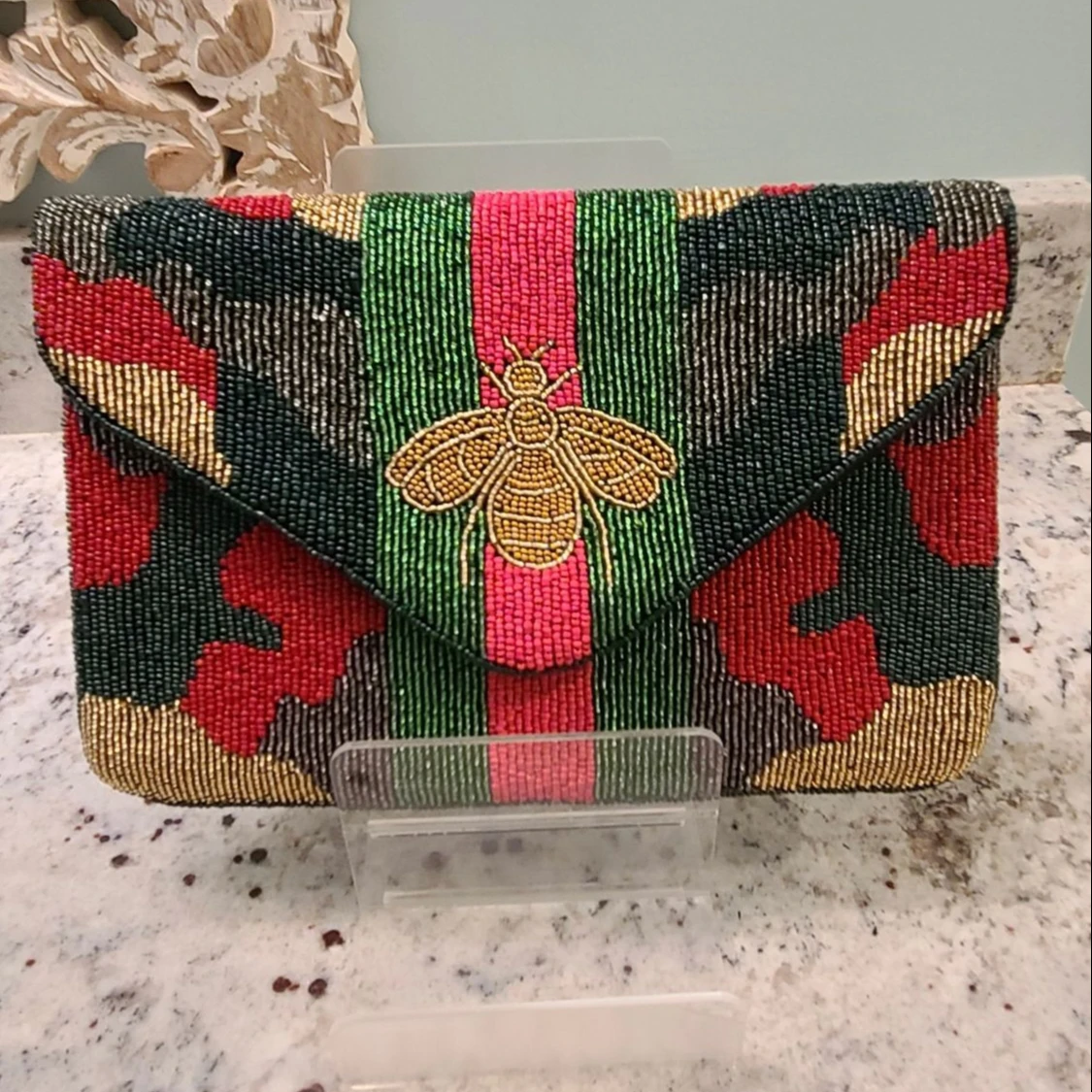 Camo Queen Beaded Envelope Clutch Pink And Green Stripes