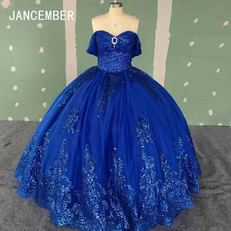 Jancember WC019 Diamond Navy Blue Lace Embroidery Puffy Quinceanera Dresses