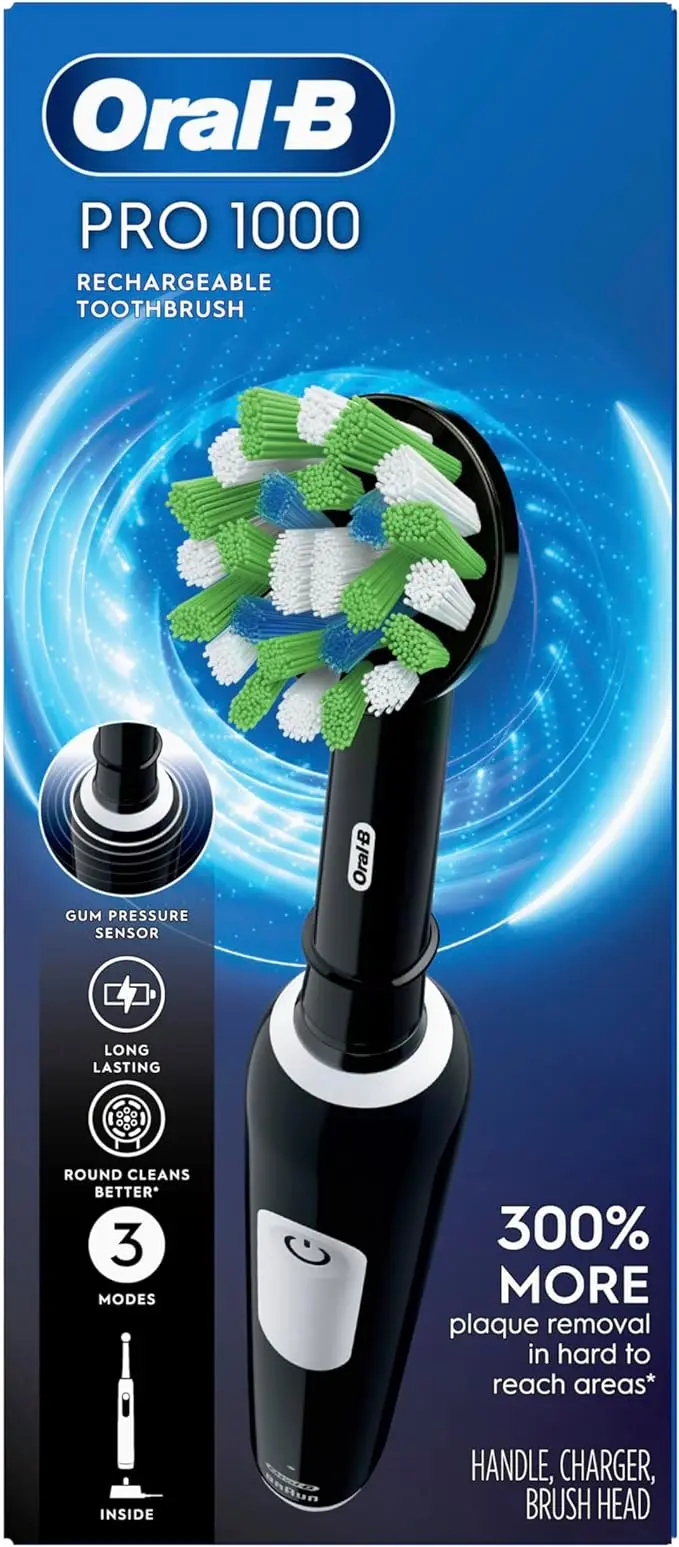 Oral-B Pro 1000 Rechargeable Electric Toothbrush, Black with Pressure Sensor, 3 Modes