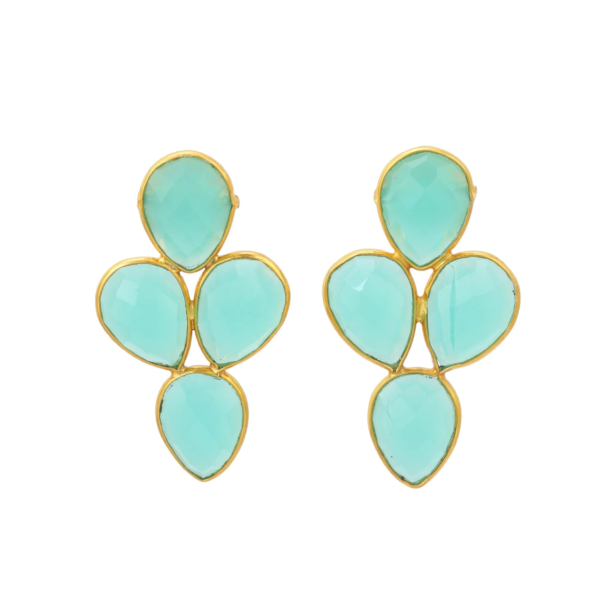 Aqua Chalecedony Earring Gold Plated 925 Sterling Silver Earrings Fine Jewelry Pear Shape  Earrings