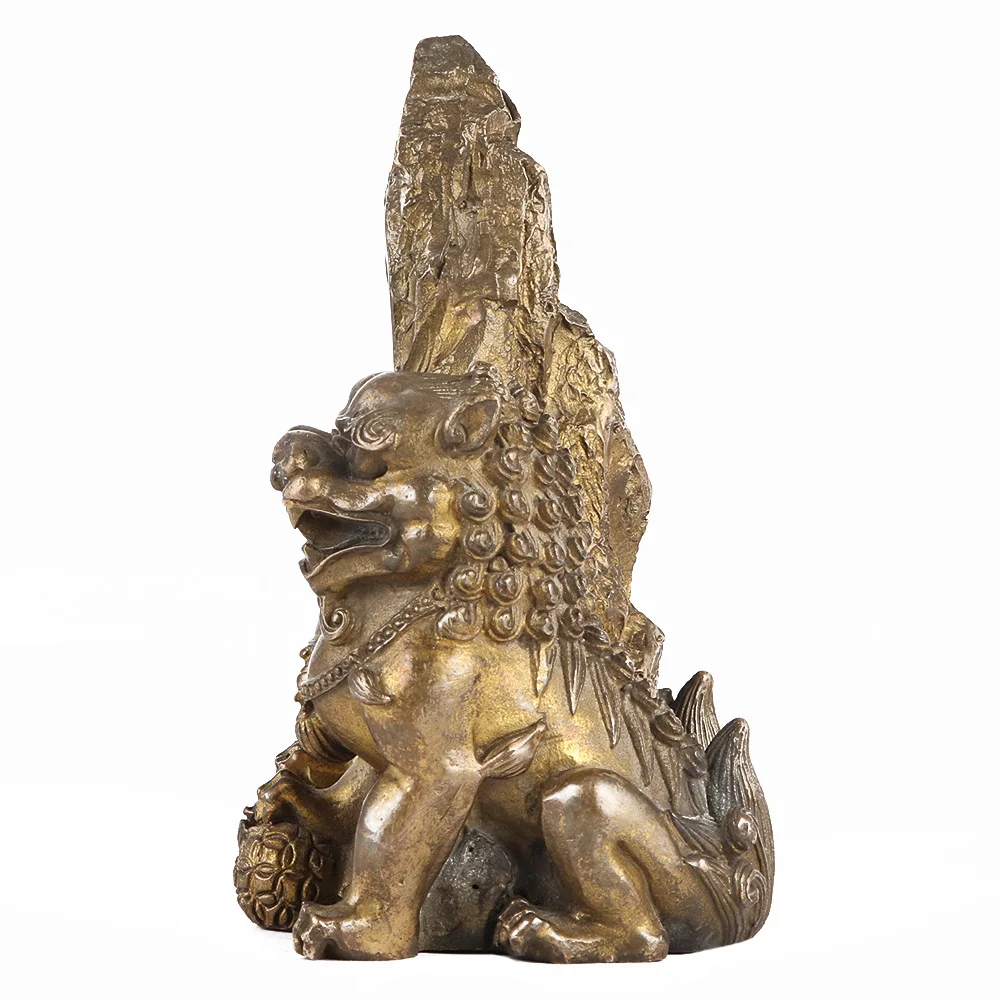 Handmade Indian Brass Antique Bronze Pair of Chinese Lions Sculptures Figurine Statue Home Decor Gift Items 11 x 9 cm SNC-69