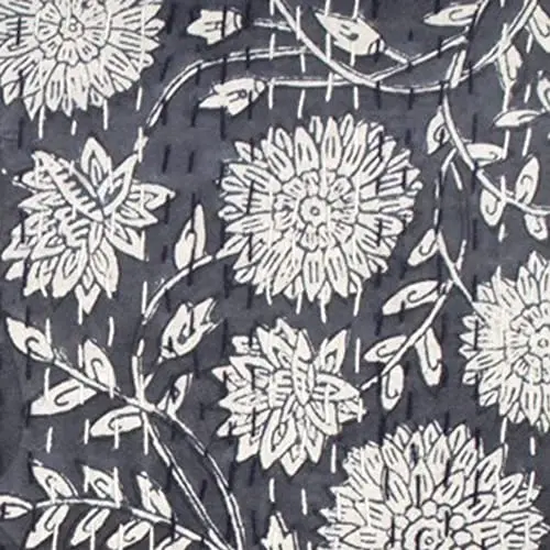 Handmade kantha quilt gray leaf print quilt Indian boho vintage quilt bedspread for sale