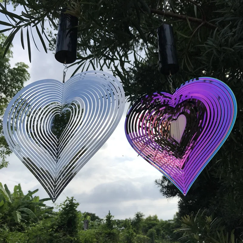 Metal 3D heart shaped rotary handicrafts colorful stainless steel love gift wind chime