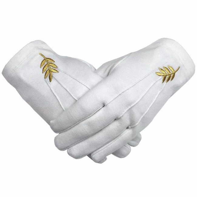 Masonic Acacia Leaf Machine Embroidery White Cotton Gloves