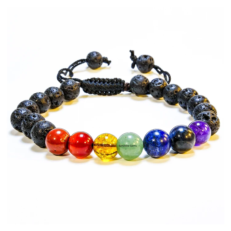 Seven Chakra Lava Stone Adjustable Crystal Bracelet Gemstone Bead Bracelet with Macrame String Healing Bracelet for Men Women
