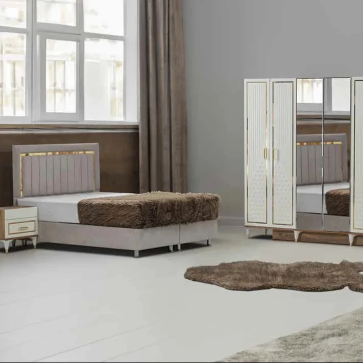 Elite simple bedroom set 5 pcs queen size bed mirrored wardrobe Turkish furniture economic prices 2024 model