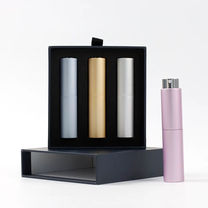 custom 5ml 8ml 10ml 20ml perfume bottle with gift box packaging  refillable metal aluminum  twist up atomizer  bottle