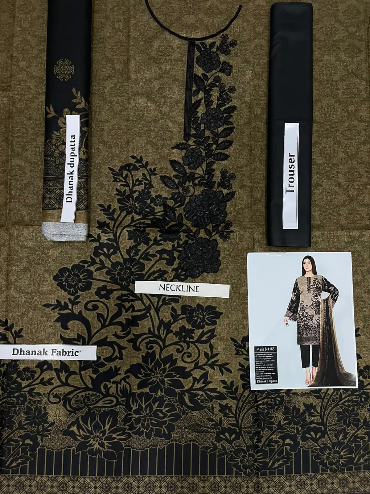 Pakistani wholesale Stitched Linen Warm Fabric salwar kameez in Mehndi color over Neckline Embroidery & Dhanak Dupatta for women