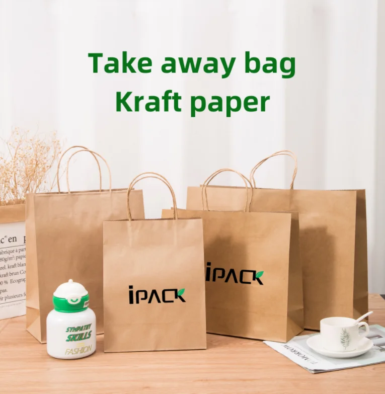 Custom eco friendly biodegradable brown fast food to go delivery paperbag restaurant takeout packaging take away kraft paper bag
