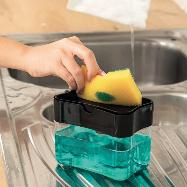 Crystal Dish Soap Dispenser with Sponge Holder Pump Action Transparent Container Kitchen Sinks Easy to Use and Refill Durable