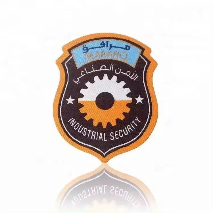 Uniform Clothing Weaving Labels Wholesale Custom Shield Shape Logo Self Adhesive Woven Patches for Garment