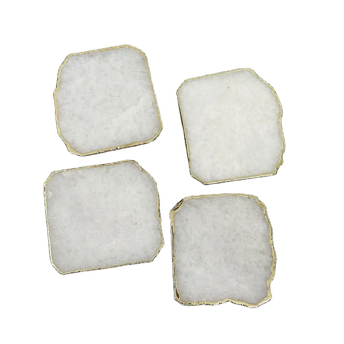 High Quality White Quartz Agate Coaster Set with Gold Trim Crystal Sliced Gemstone Geode Cup Holders for Coffee/Tea