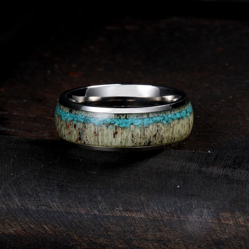 mens Jewelry rings Turquoise Man Ring Manufacturer Custom Stainless Steel Titanium Black zirconium Inlaid antlers classic men