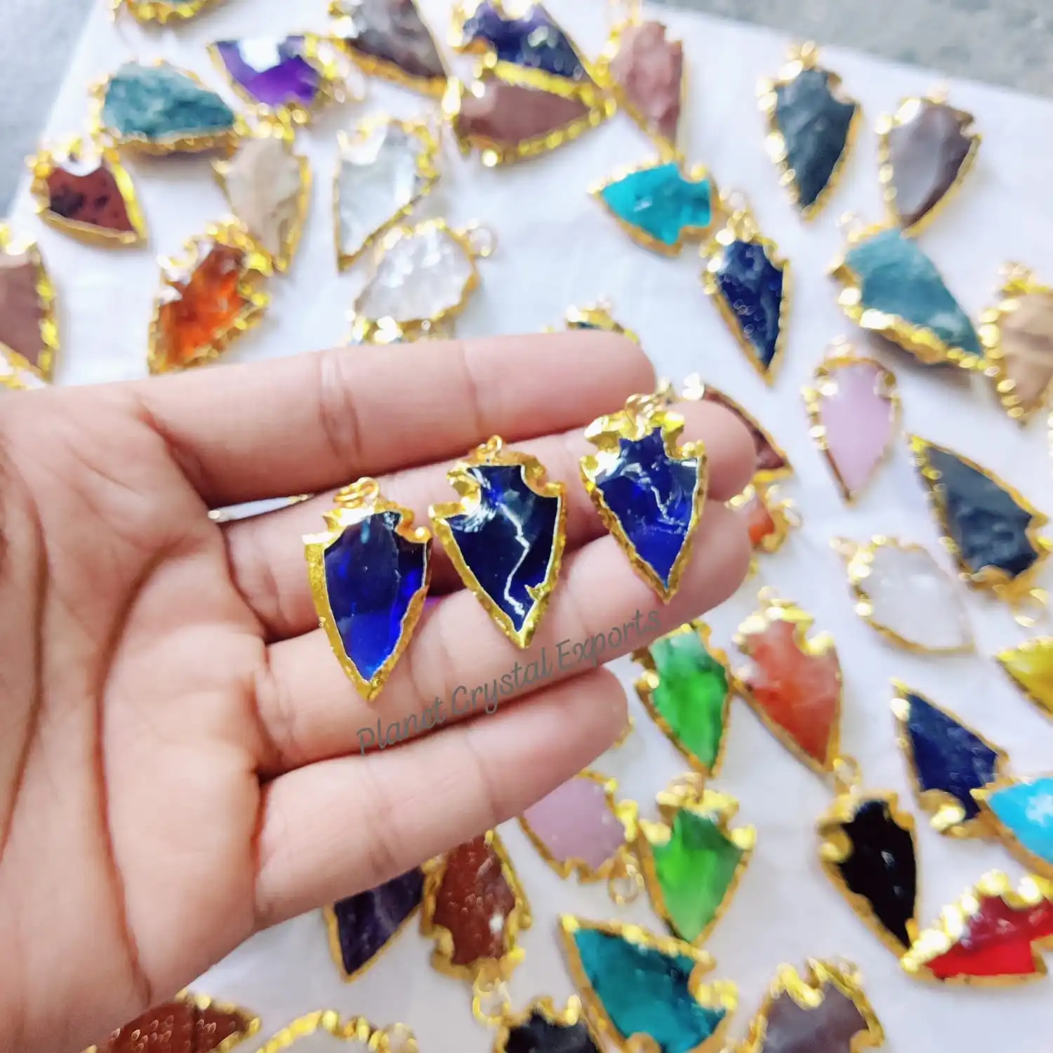 Blue Obsidian Unique Feng Shui Style Crystal Pendant Hand-Knapped Arrowhead Sier Electroplated Quartz Semi-Precious Stone Craft