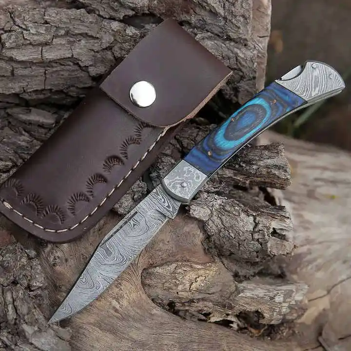 2024 Professional Wood Handle Folding Knife with Leather Sheath Pocket Camping Tools for Gardening