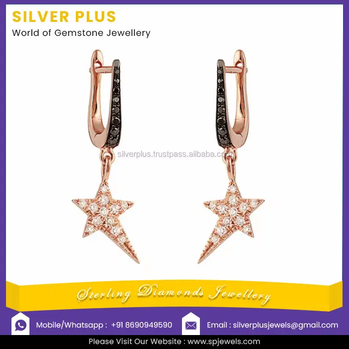 New Collection 14k Gold Black and White Diamond Pave Star Huggie Earrings At Wholesale Price