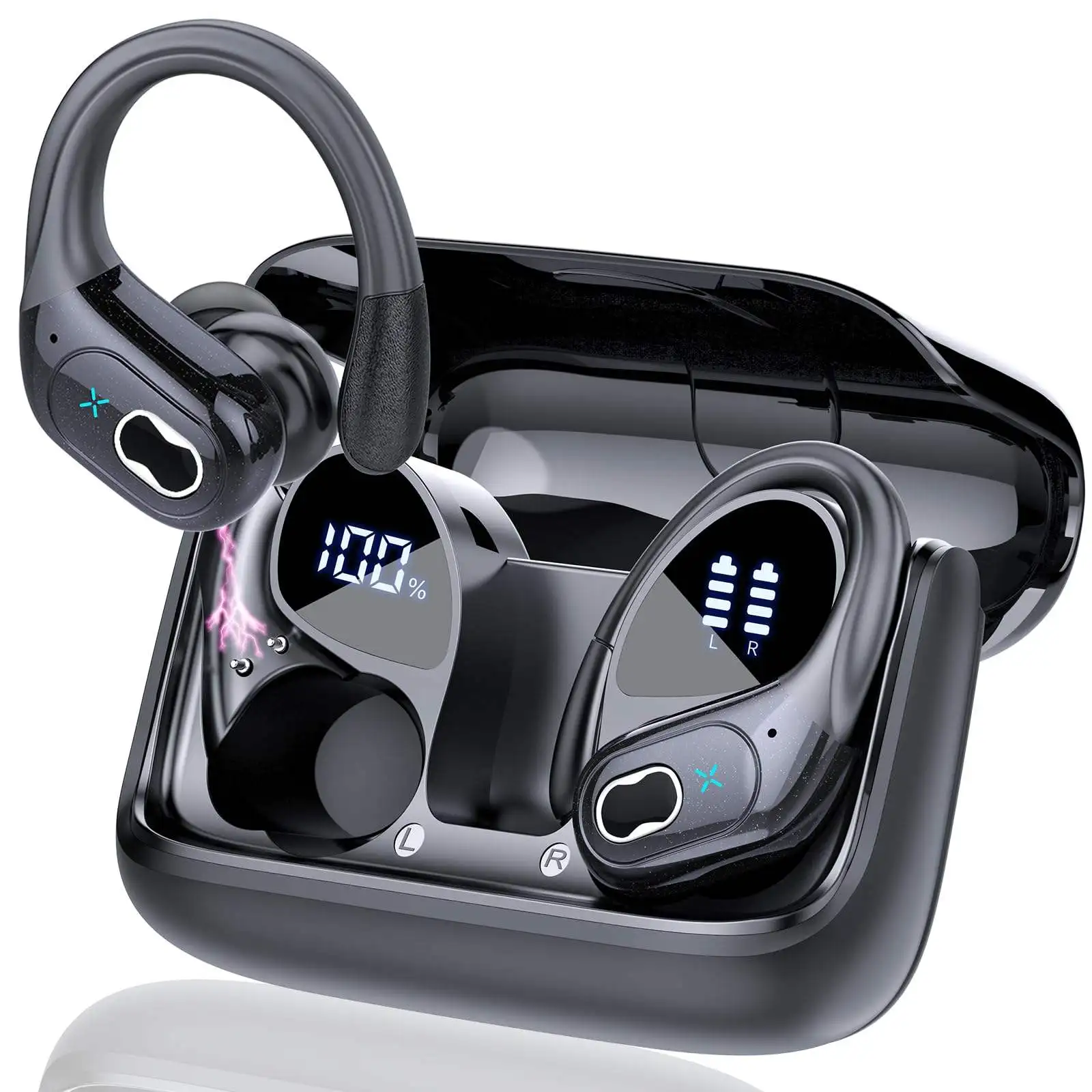 Sport Wireless Earbuds 75hrs Sport, Deep Bass Over Ear Bud with Earhooks, ENC Noise Cancelling Mic, IPX7 Waterproof Earphone
