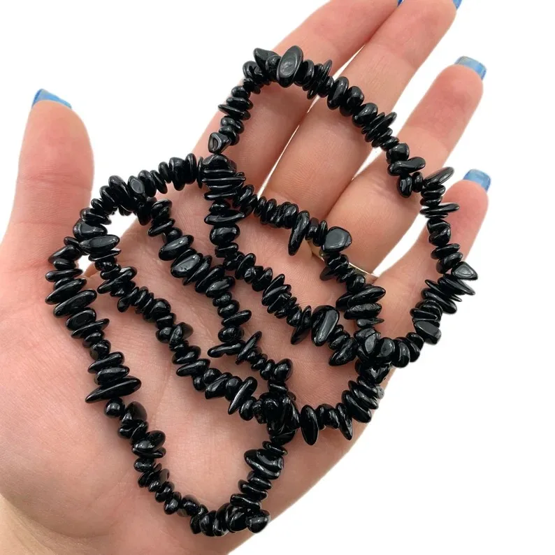Wholesale Crystal Black Tourmaline Gemstone Chips Bracelet New Women Natural Irregular Black Tourmaline Gravel Chips Bracelet