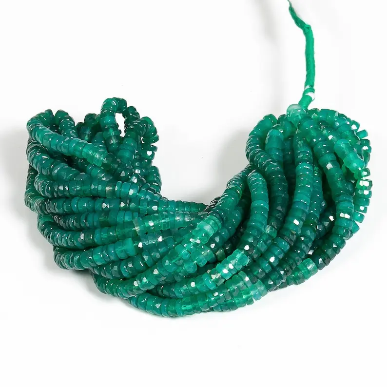 Natural Green Onyx Faceted Heishi Tyre Beads Strands 6-7mm Shaded Green Onyx Gemstone Beads For Jewelry Making at Factory Price