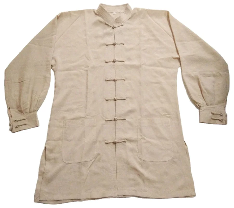 Unisex custom linen and cotton beige or OEM colors with embroidered Taiji logo on back long sleeves Taiji Shirt Martial Arts