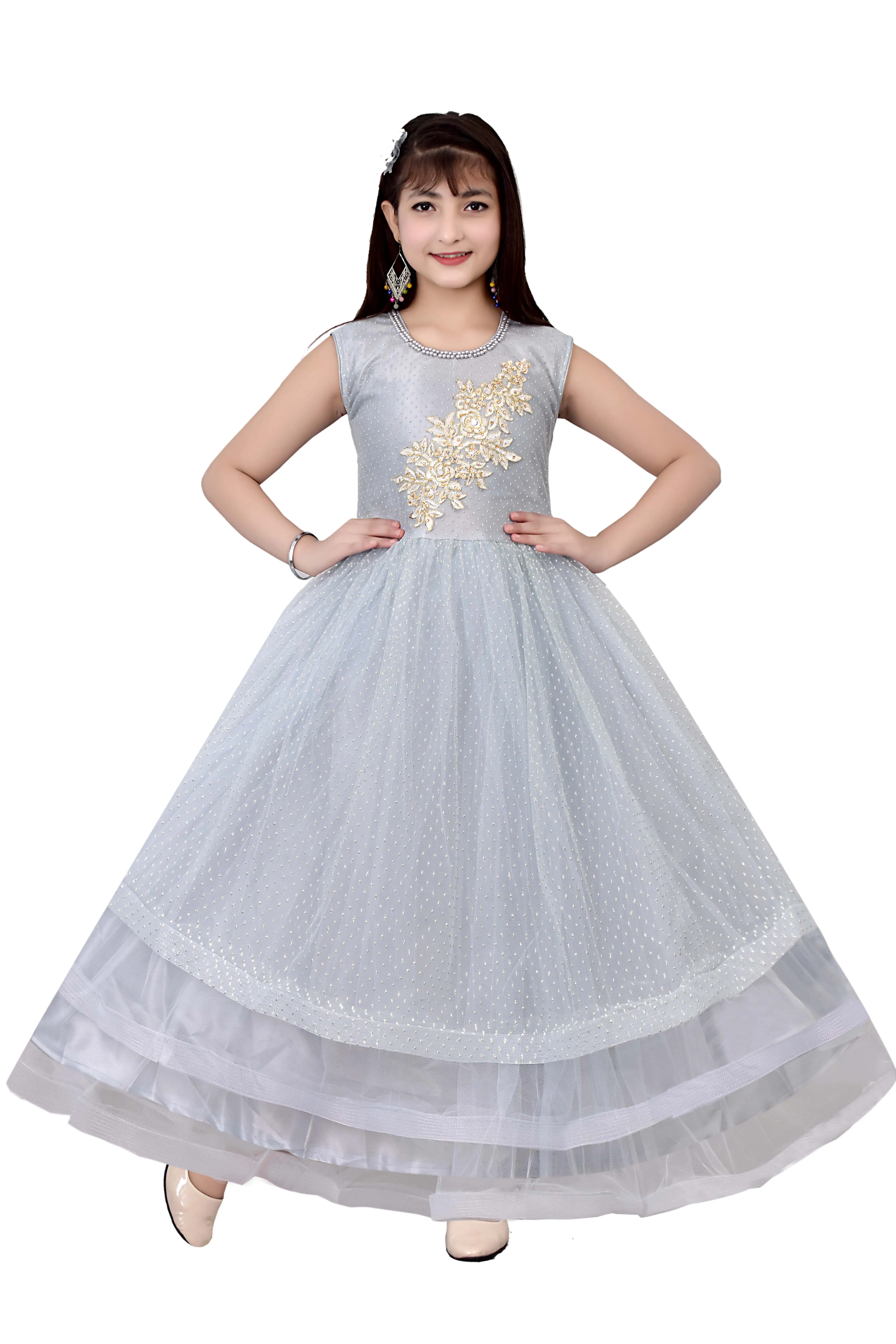 Traditional Patch Net Long Maxi Gown Dress For Girls 3 - 10 Years Best Quality Stylish Design In Stock Item