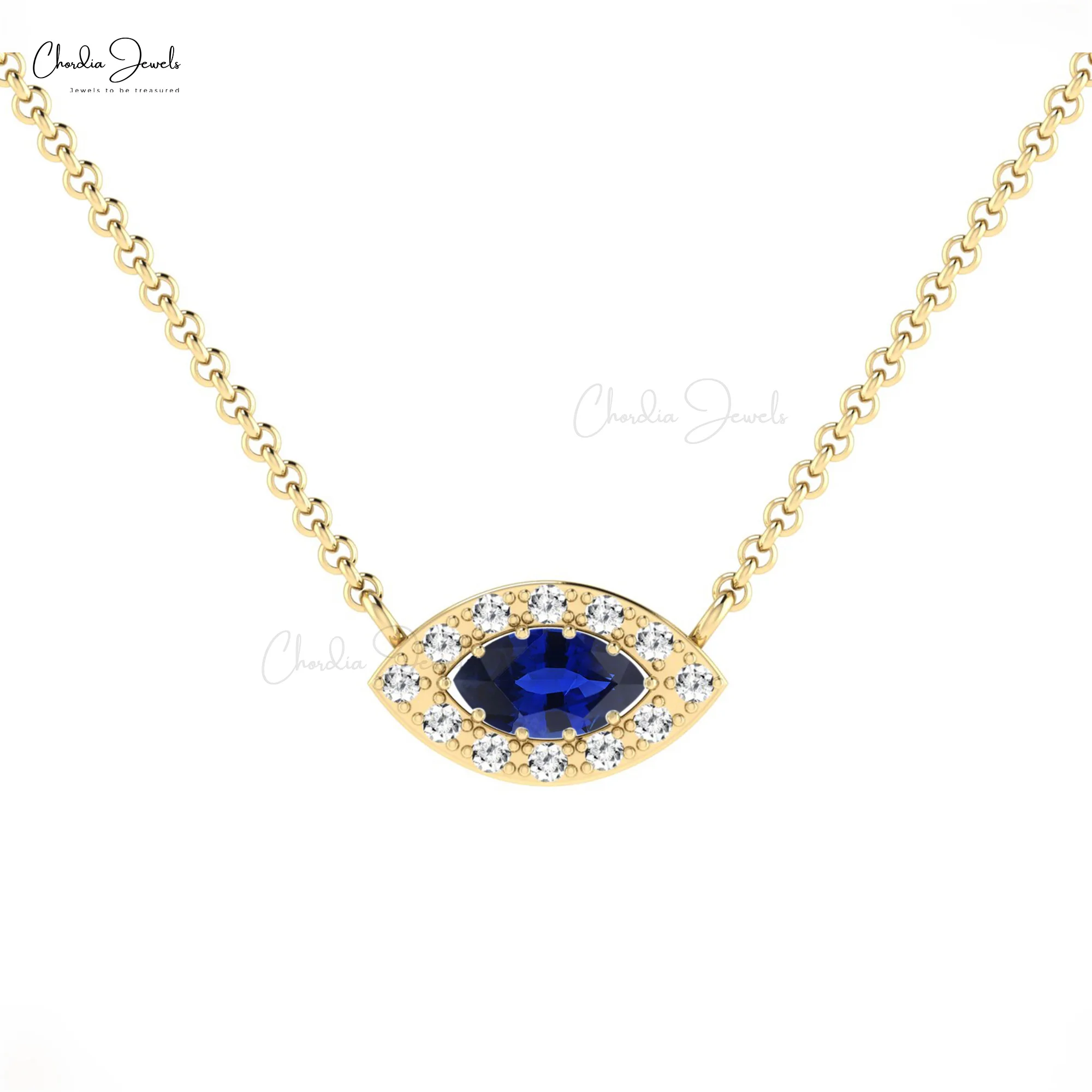 Genuine 0.20ct Blue Sapphire Gemstone & Pave Diamond Halo Chain Necklace 14k Real Gold Jewelry Free Shipping Items for Ladies