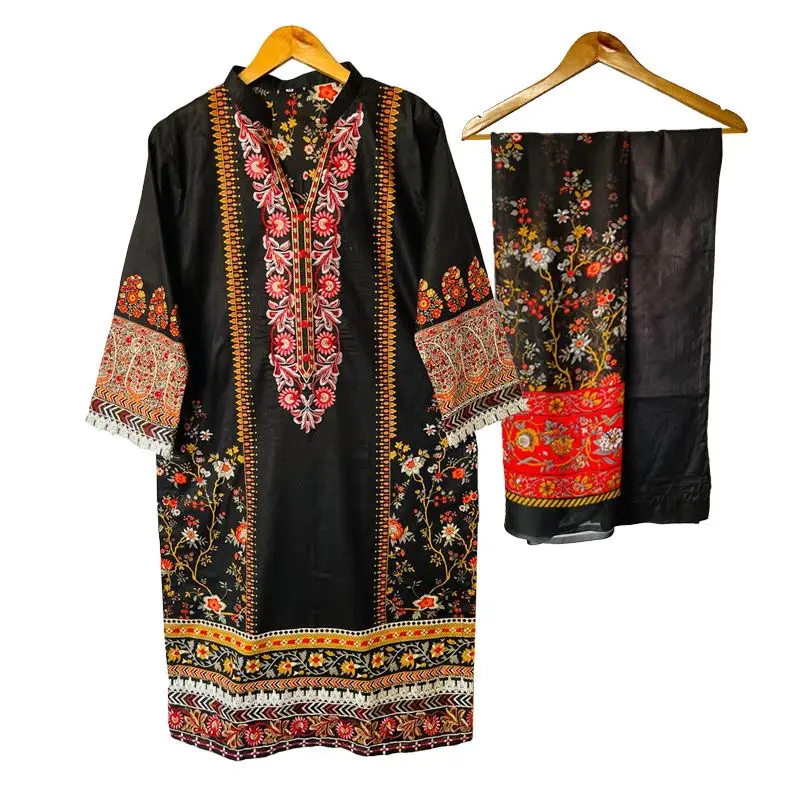 Wholesale Lawn Indian Pakistani woman dresses shalwar kameez In Black Over Front Embroidery With Plain Trouser