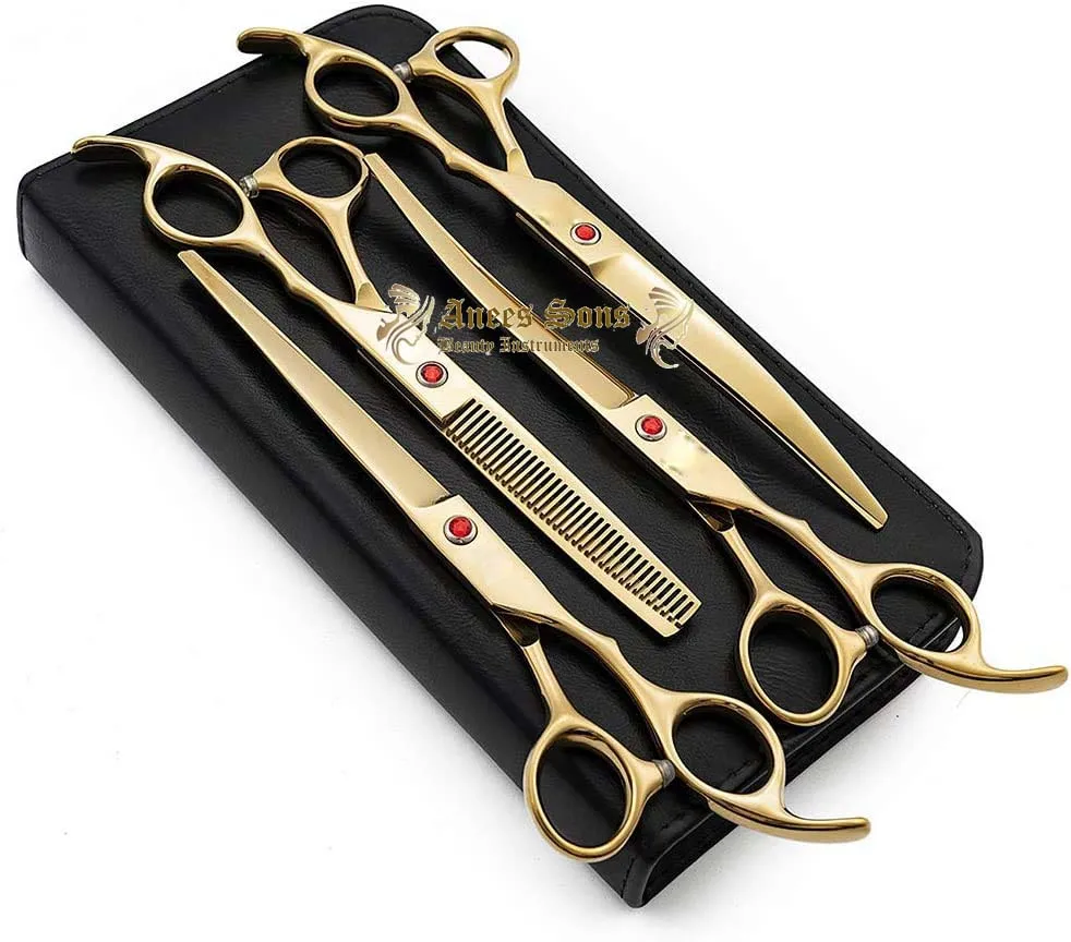 Professional 7.0 inch 4PCS Pet Grooming Scissors Kit Japan Premium Steel Straight & Curved & Thinning Blade Dog Hair Cut Shears