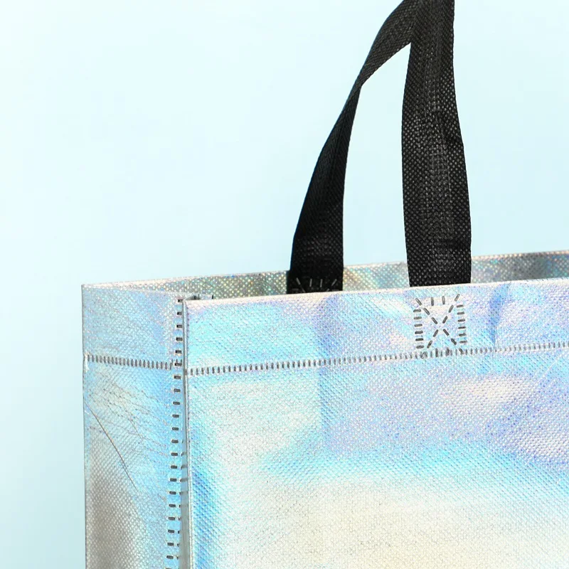 Promotional fashion recycled glitter holographic laser iridescent silver gift shopping bag tote non-woven bag