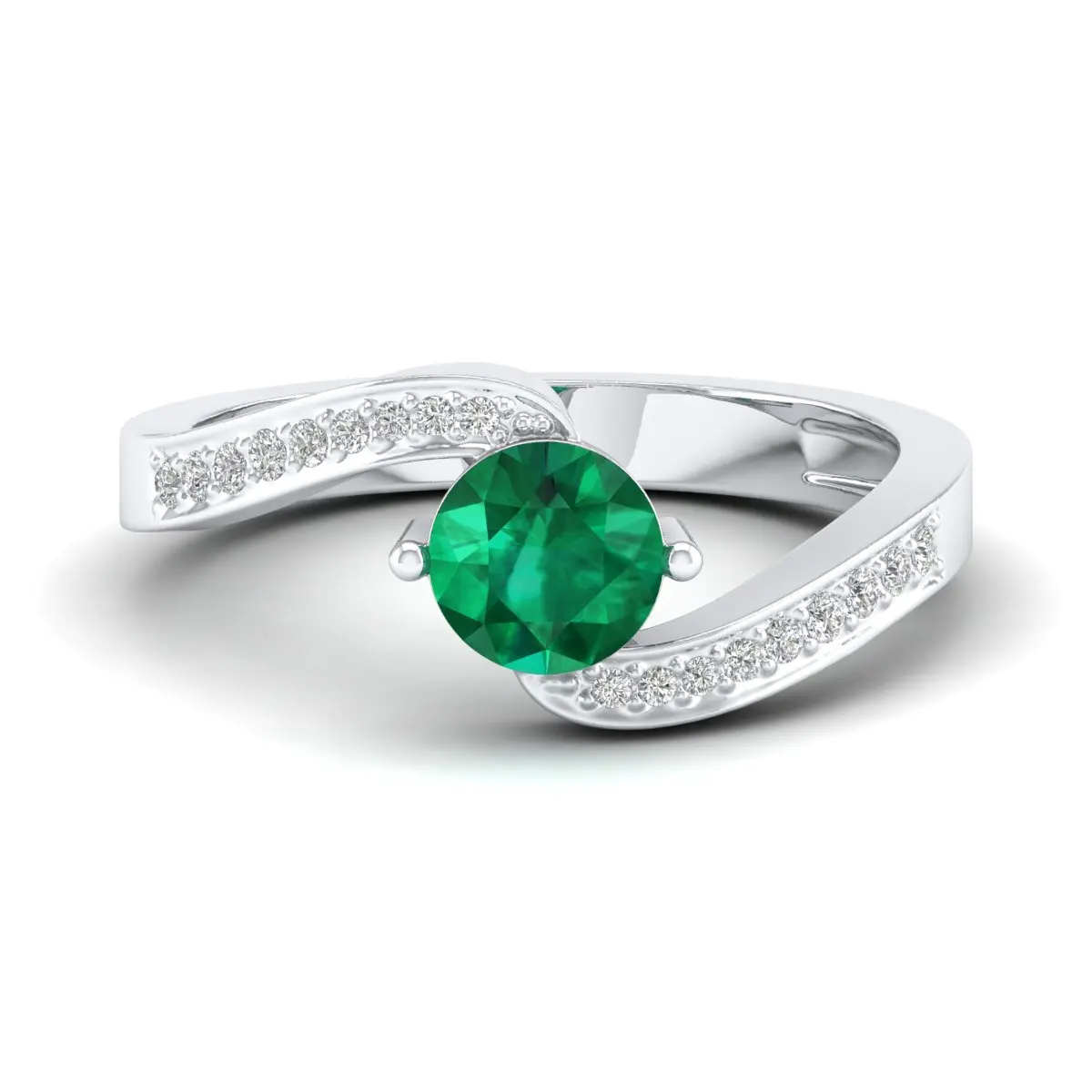 REYES Elegant Designs 14K White Gold Moissanite Engagement Rings with Green Emerald Gemstone Wedding Ring Women Fine Jewelry