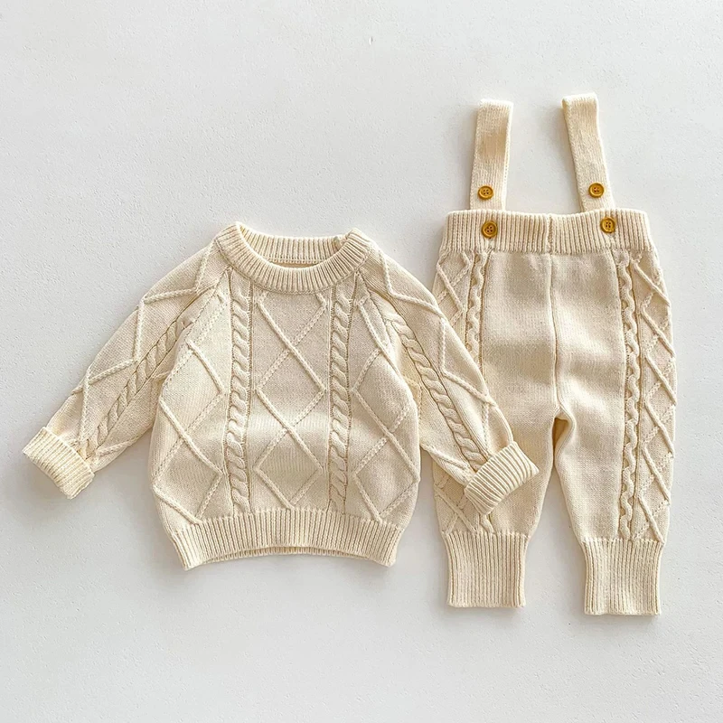 Autumn Boys Baby Girls Clothes 2 Piece Set Cotton Knitted Overalls Pullover Round Neck Toddler Boys Clothing Sweater