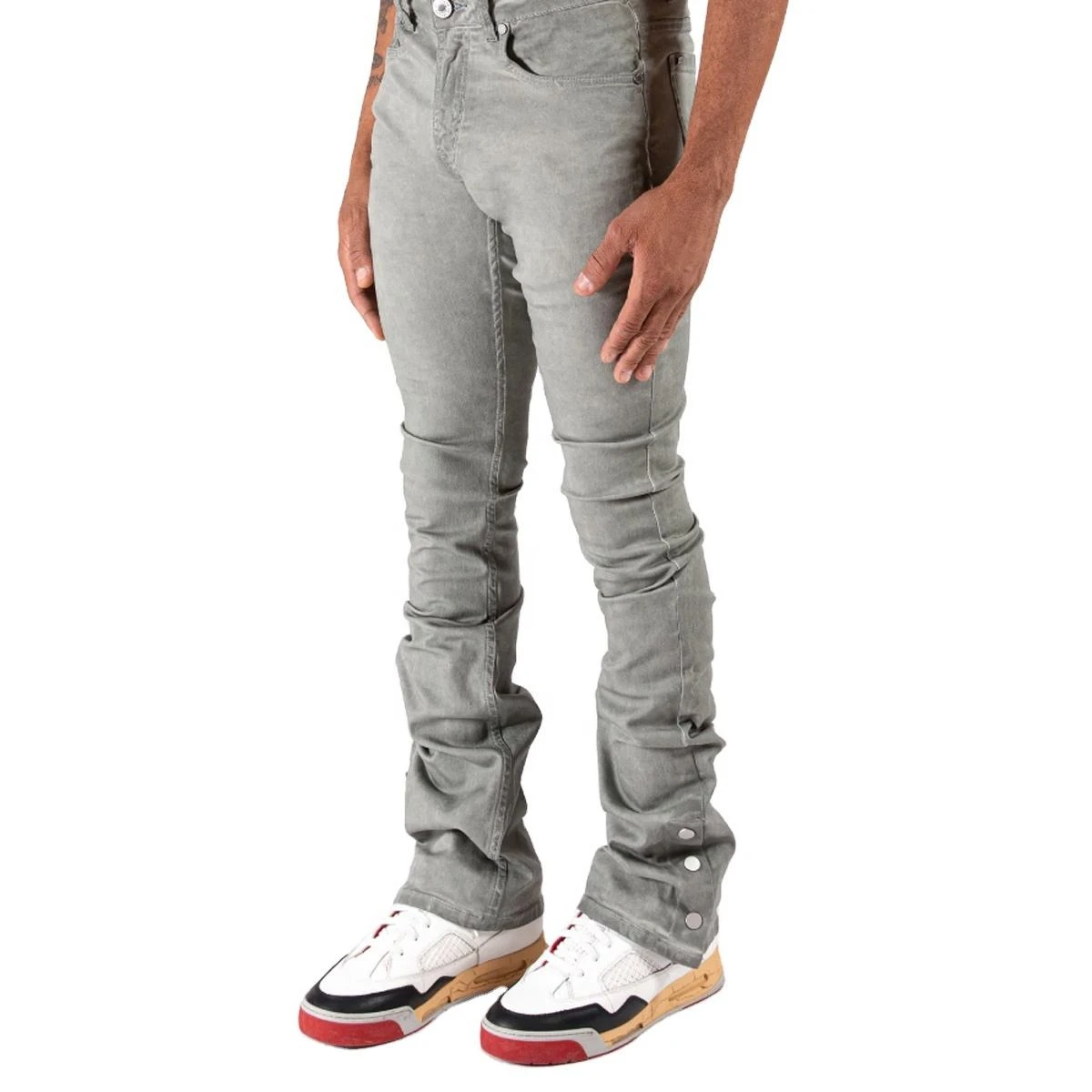 Custom Denim Luxury Flare Snap Button Branded Jeans Men Style Flared Pants Distressed Skinny Stacked Jeans