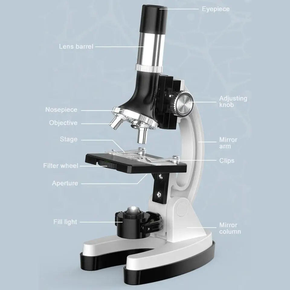 1200X 28-pieces student beginner microscope STEM kit metal body toy microscope with slides, LED light and carrying box science e