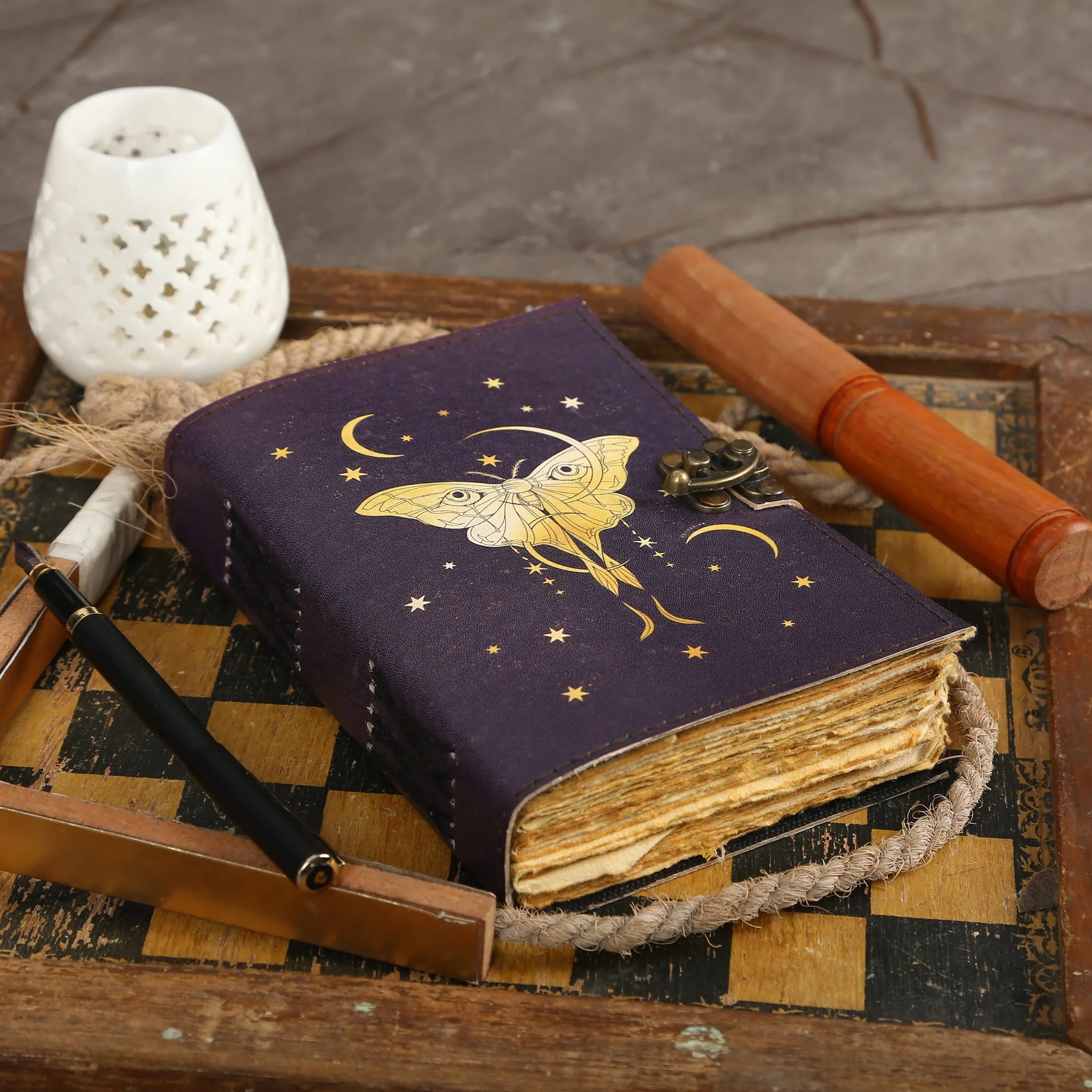 Luna Moth Blank Spell Book Of Shadows Journal with Lock Clasp Vintage Handmade Leather Butterfly Print Diary Prayer Pagan