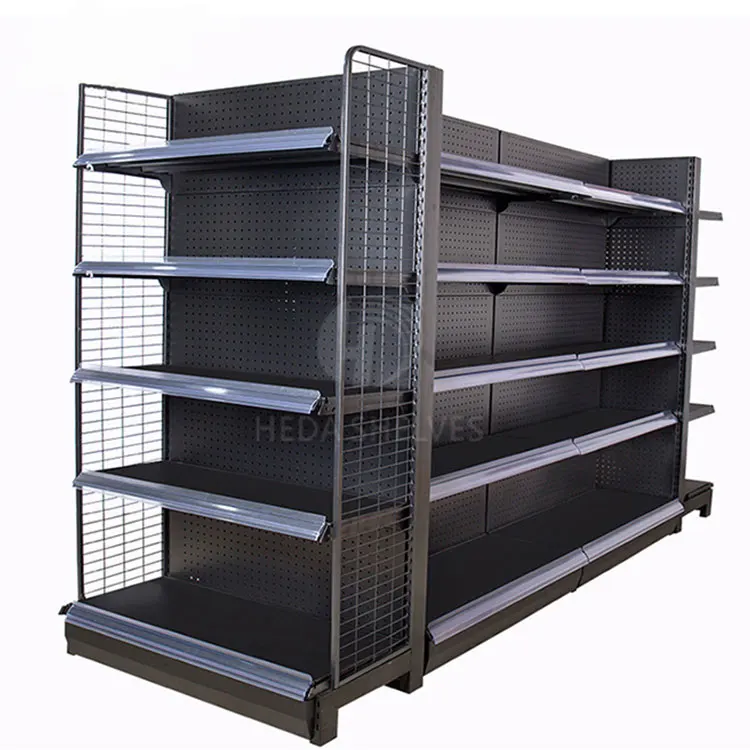 China Manufacturer Heda Factory Grocery Store Racks Supermarket Black Gondola Shelves Adjustable Metal Gondola Shelving