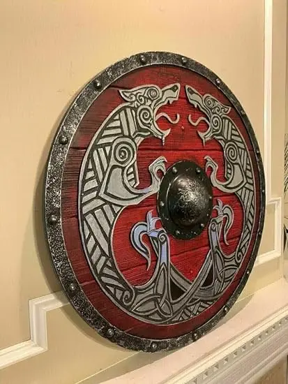 Warrior Wood & Steel Viking Round shield Armor Templar wood shield dragon painted in red colour